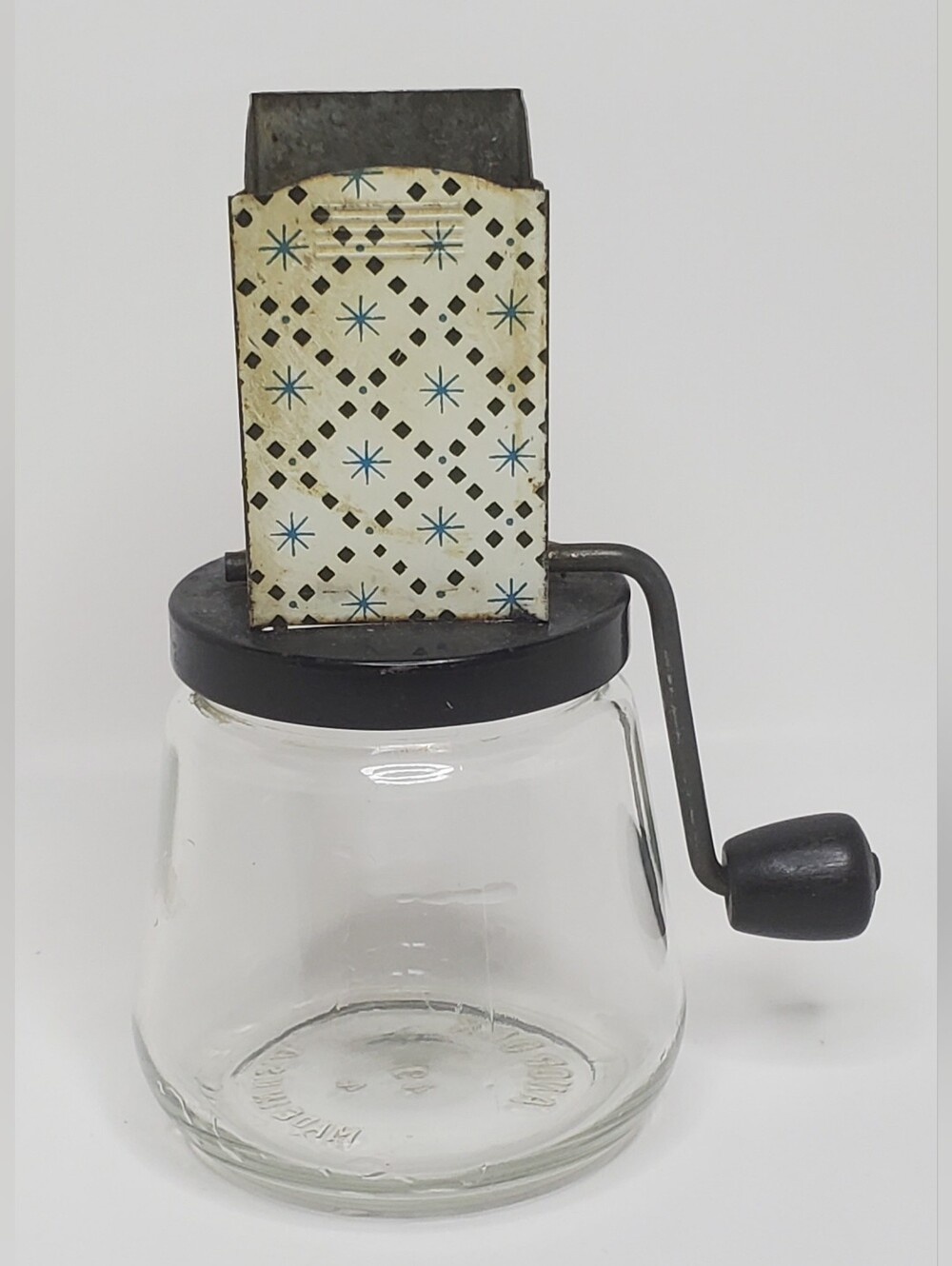 Vintage MCM Androck Kitchen Grinder Atomic Rare, Blue Star Pattern & Glass Jar